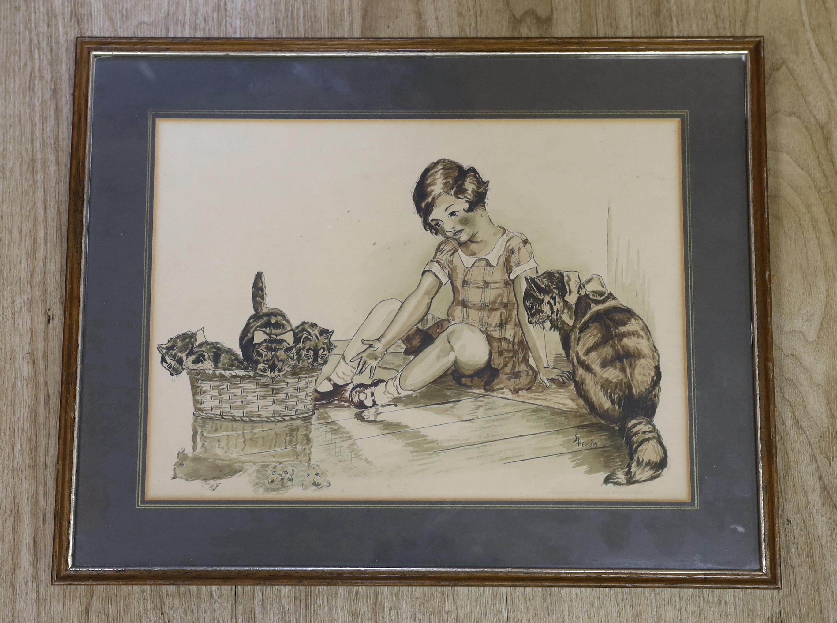 Art Deco heightened monochrome watercolour, Young girl with cats, monogrammed SHE and dated ‘29, 36 x 26cm